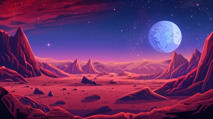 A Mars landscape with red desert surface and rocky mountains. A modern illustration of an alien planet against the night sky with stars shining bright on the horizon.