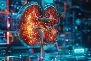 Kidney anatomy cross section , 3d render , futuristic background - obrazy, fototapety, plakaty