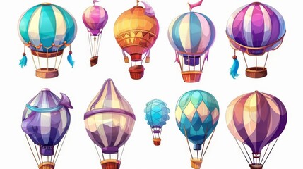 Set of cartoon hot air balloons isolated on white background. Modern illustration of colorful fantasy aerostats with baskets flying through the skies. Magic fairytale transport. Adventure design