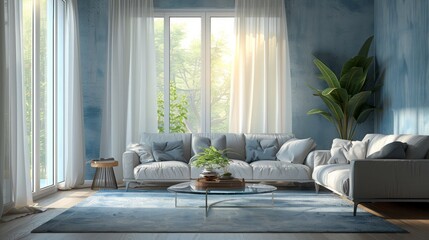 3D rendering of a modern cozy living room with a soft blue textured wall, plush sofas, a glass coffee table, and soft area rugs. Large windows with sheer curtains, and soft natural light