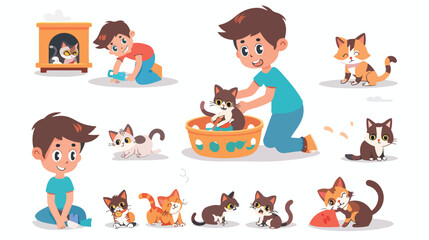 Kid boy cat pet. Caring child raising domestic kitten - obrazy, fototapety, plakaty