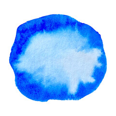 Watercolor round frame background made of blue paint and empty space for insertion, watercolor and white paper texture. Sticker, message, icon, social communication, emotion.