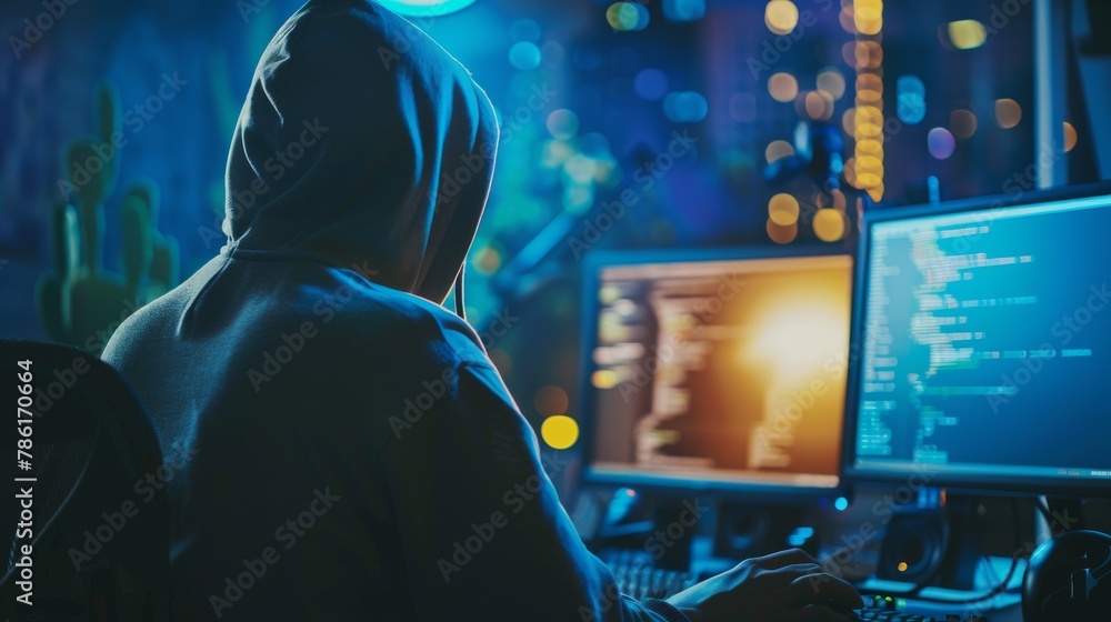 Poster the person in the hoodie is hacking security on a computer network.