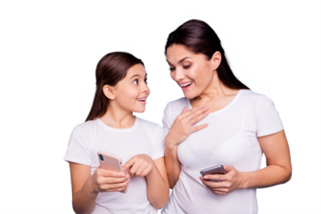 Close up photo beautiful two people brown haired mom small little daughter shows telephone look wondered great news can not believe own eyes wear white t-shirts isolated bright blue background