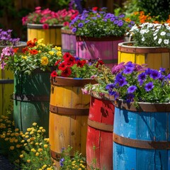 Fototapeta na wymiar A sunny day illuminates this garden scene, showcasing several colorful painted barrels repurposed as planters, adding a lively touch to the flower-filled setting.
