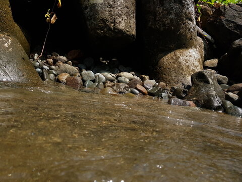 river water flow with small and large rocks in the background