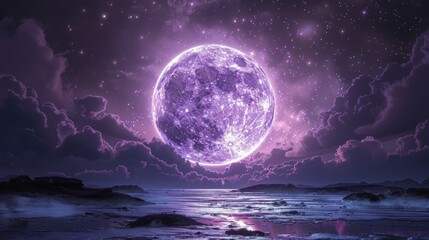 Enormous Purple Moon Illuminating Night Sky