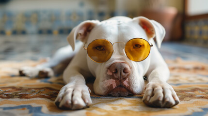 Portrait of white boxer dog wearing yellow sunglasses and lying on a carpet in the living room - 786171042