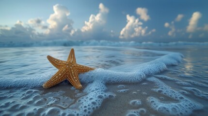 Starfish on Sandy Beach by Ocean - obrazy, fototapety, plakaty