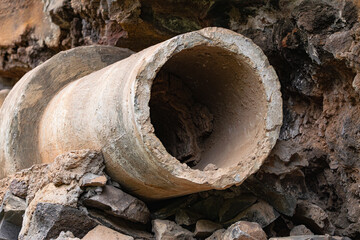 broken cement pipe, on stones, close view
