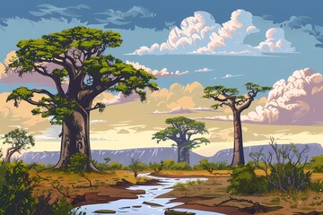 African landscape, background, Illustration - obrazy, fototapety, plakaty