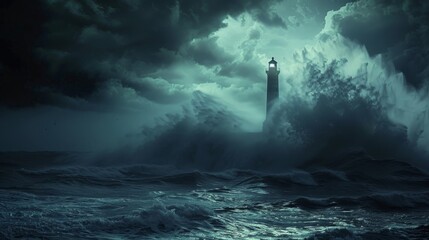 Stormy Seascape with Lighthouse Standing Resilient Against Towering Waves and Ominous Sky - obrazy, fototapety, plakaty