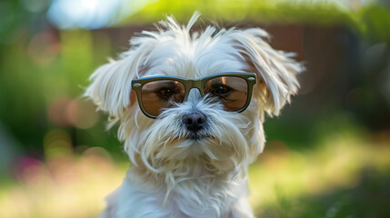 Portrait of white funny little dog wearing sunglasses, hot summer weather - 786171239