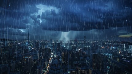 Torrential Downpour over an Urban Skyline with City Lights Reflecting on Wet Surfaces at Night - obrazy, fototapety, plakaty