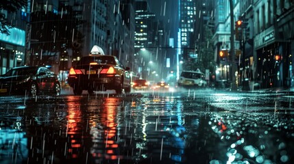 Rain-Slicked City Streets at Night with Glowing Street Lights and a Reflection of the Urban Bustle