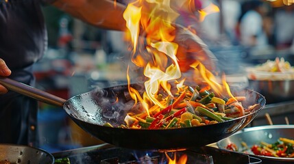 A close-up shot of a chef skillfully tossing vegetables in a wok, flames dancing around the stir-fry at a vibrant food festival.