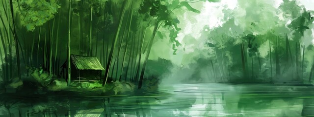 bamboo hut in bamboo forest at riverside, tranquil calm peaceful nature landscape, artful painting style illustration with grungy brush stroke texture, Generative Ai - obrazy, fototapety, plakaty