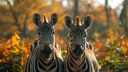 Naklejka premium Two Zebras Standing Next to Each Other