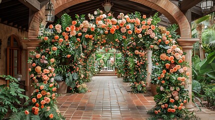 Craft an extravagant archway adorned with cascading blooms and verdant foliage, framing the entrance in a breathtaking tableau of floral opulence and elegance.