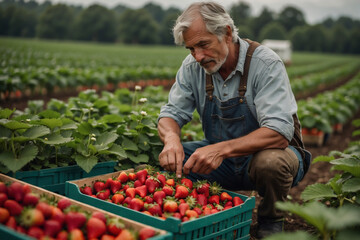 Landwirt bei der sorgfältigen Auswahl von Erdbeeren während der Erntezeit auf dem Feld