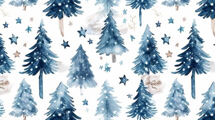 Obraz premium Stars and fir trees seamless watercolor pattern for winter