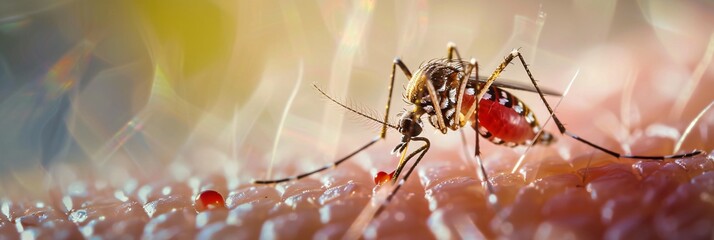Macro shot of a dangerous Zika-infected mosquito biting human skin, illustrating the risk of transmitting diseases like Malaria, Dengue, and Yellow Fever