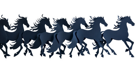 Silhouettes of trotting black horses. Transparent background