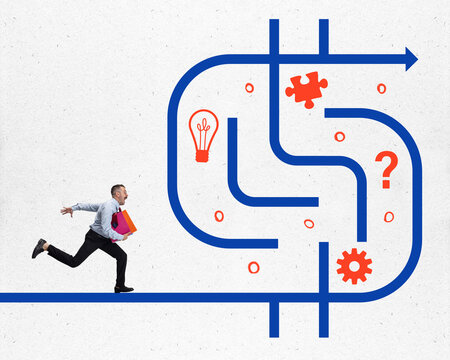 Contemporary art collage. Young man runs into labyrinth with different tasks that he must overcome in order to get on smooth road of success. Concept of business development, career growth. Ad