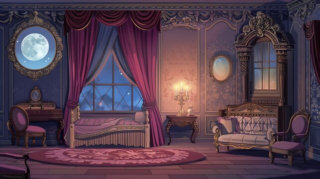 The interior of a Victorian night bedroom is furnished with vintage royal furniture and features classic princess canopy beds, retro mirrors, and a vintage armchair. The scene is set in an isolated