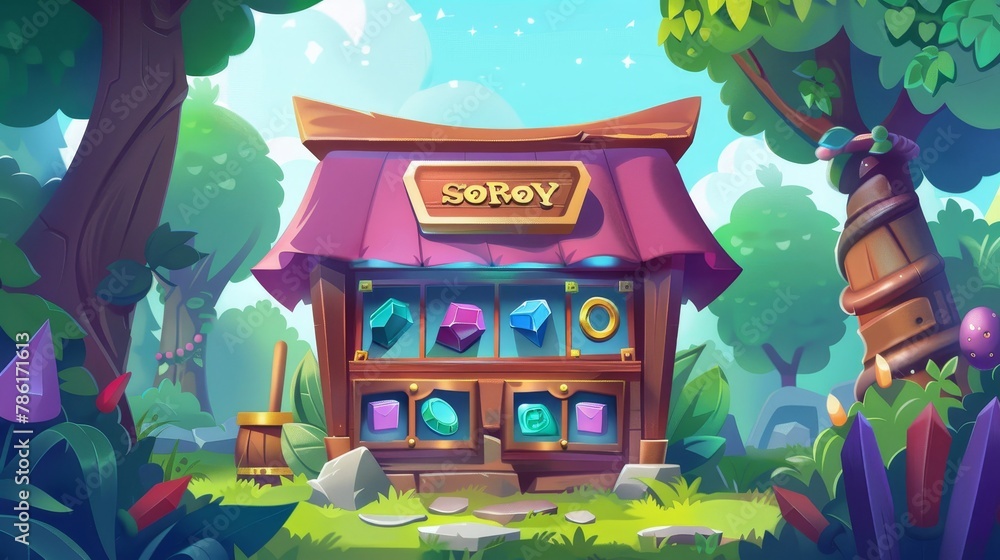 Poster gui game store frame interface with cartoon elements. gui mobile app wooden shop box design illustra