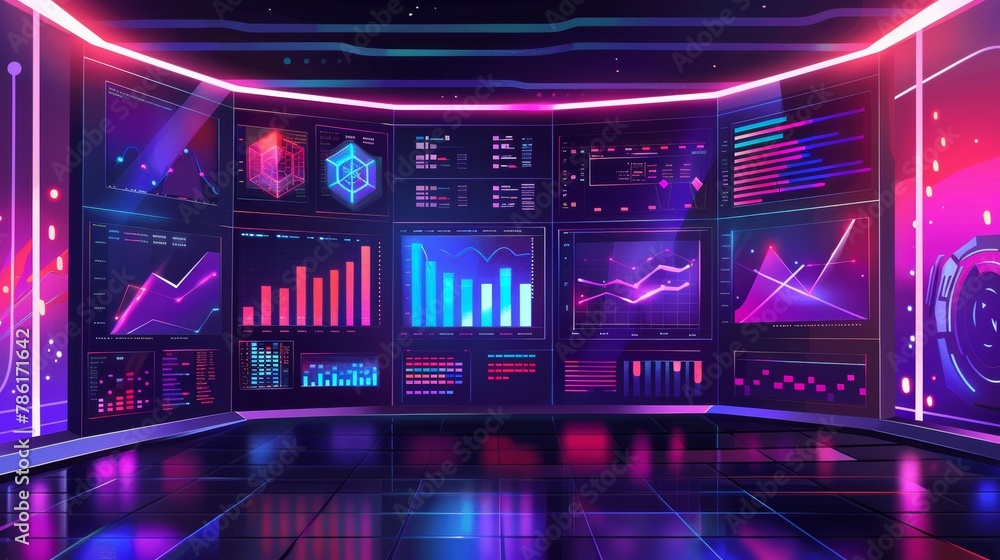 Poster an illustration of a digital data analysis dashboard. computer server room set with database storage