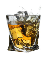 Whiskey splashing out of glass on white background