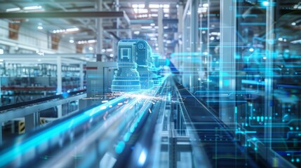 Naklejka premium Holographic projection, future automated factory floor, automated finishing