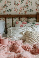Fototapeta na wymiar A Bed With a Pink Blanket and a Cup of Coffee