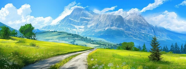 rural countryside green grass pasture with country road nature landscape on sunny day, artful painting style illustration with grungy brush stroke texture, Generative Ai