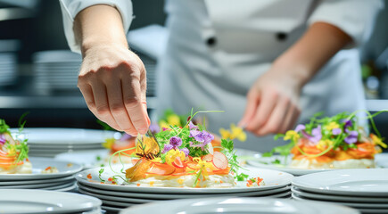 Obraz na płótnie Canvas A chef in a professional kitchen carefully adds the finishing touch to dishes before serving them. Chef hands decorating a plate in a kitchen of a restaurant. 
