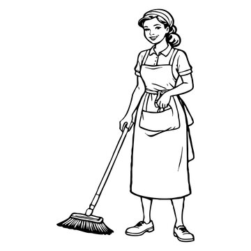 Cleaning lady  . Fictional character . Black and white illustration. Generated by Ai