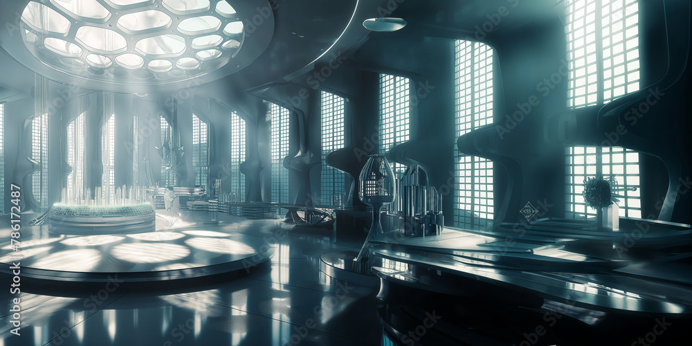 Poster a futuristic lab where quantum processors are tested under specialized light conditions to simulate 