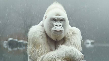 Close up portrait of an albino gorilla sitting on a river bank under the rain - 786172469