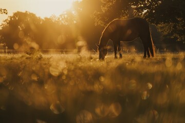 A brown horse with its head down, grazing in the soft light of sunset on an open field. Featuring photorealistic landscapes in the style of golden hour lighting, lens flare, detailed foliage