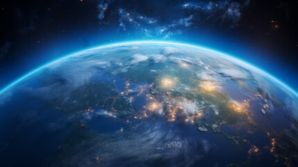 Planet Earth with detailed relief and atmosphere. Blue space background with earth and galaxy. - 786172615