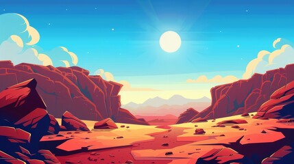 Modern illustration of rocky canyon, cliffs and sand, hot red rock cliff, empty alien planet territory with stones in blazing sun. Background for games.