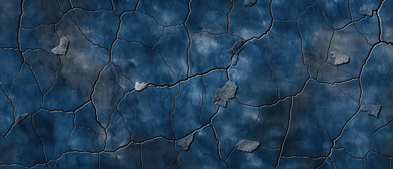 
Old cracked cement wide background. Dark blue weathered broken concrete surface panoramic texture copy.