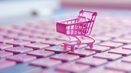 Online shopping concept, small pink shopping cart stands on keyboard, digital e-commerce. Internet sales. Generative AI