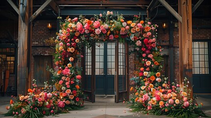 Craft an extravagant archway adorned with cascading blooms and verdant foliage, framing the entrance in a breathtaking tableau of floral opulence and elegance. - obrazy, fototapety, plakaty