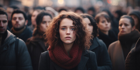 A woman among the crowd. Stress, panic attack, anxiety, loneliness - obrazy, fototapety, plakaty