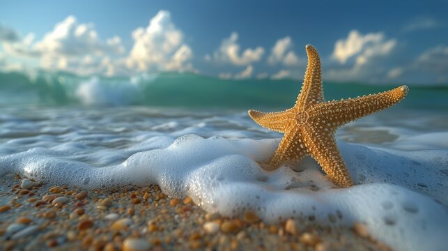 Starfish on Sandy Beach by Ocean