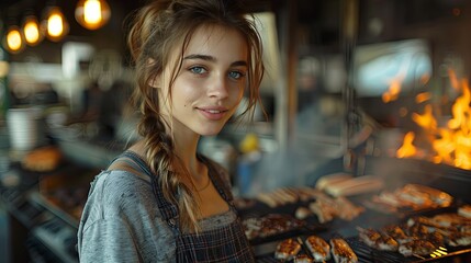 Obraz premium Women chef grilled meat