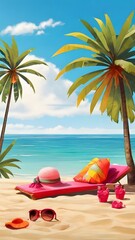 beach with palm trees and sea summer, ai generated