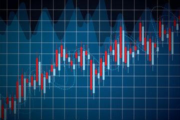 Economy and finance background concept. financial business statistics stock market candlesticks and bar chart with uptrend arrow